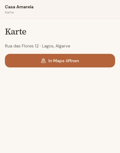 Echter Screenshot der Kartenansicht mit Adresse der Casa Amarela und Schaltfläche zum Öffnen in Maps