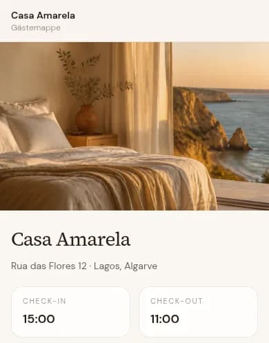 Echter Screenshot der Casa-Amarela-Gästemappe mit Titelbild, Adresse sowie Check-in- und Check-out-Zeit