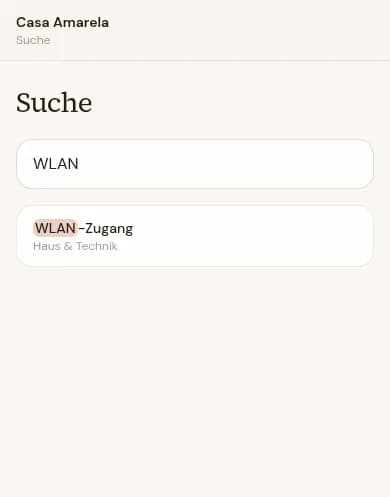 Echter Screenshot der Casa-Amarela-Suche mit dem Suchwort WLAN und einem passenden Treffer