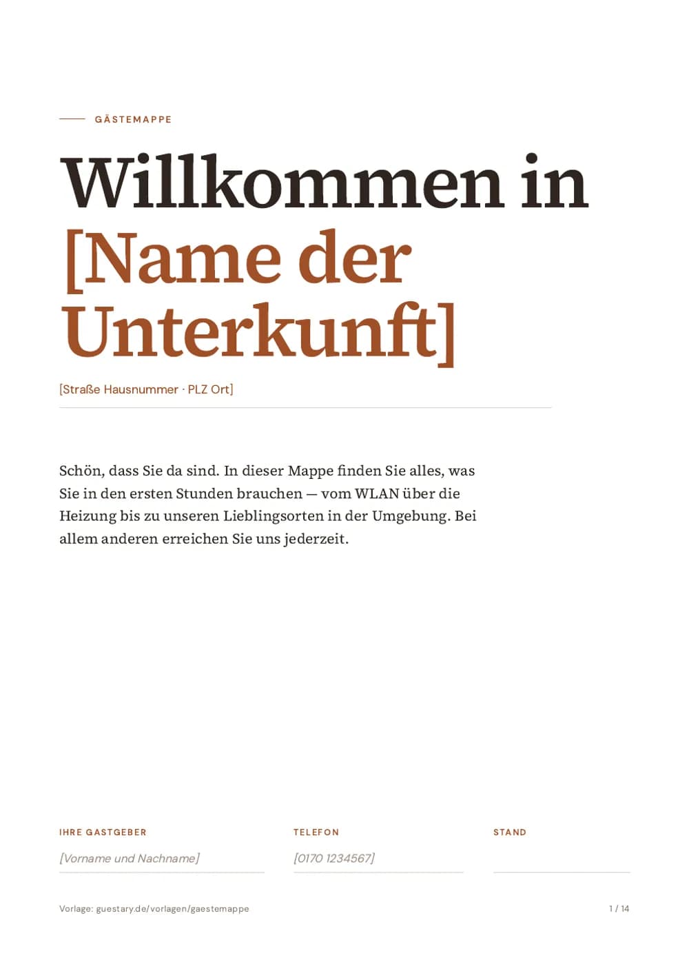 Gästemappe Vorlage, Deckblatt: „Willkommen in [Name der Unterkunft]“ mit Adresse, Willkommenstext, Gastgeber, Telefon und Datum
