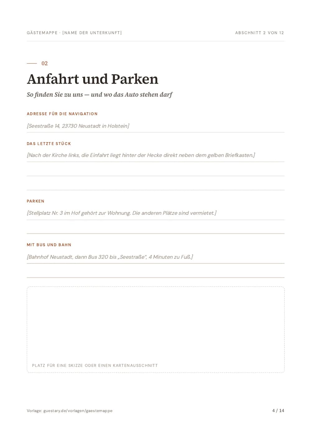 Gästemappe Vorlage, Seite 4: Anfahrt und Parken — So finden Sie zu uns — und wo das Auto stehen darf