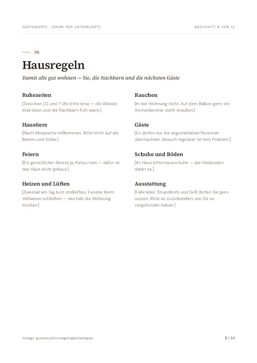 Gästemappe Vorlage, Seite 8: Hausregeln — Damit alle gut wohnen — Sie, die Nachbarn und die nächsten Gäste
