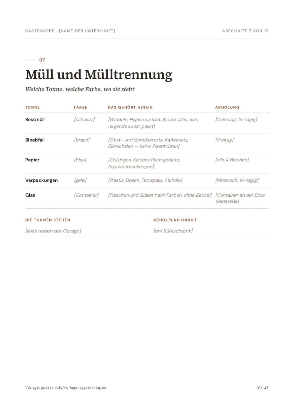 Gästemappe Vorlage, Seite 9: Müll und Mülltrennung — Welche Tonne, welche Farbe, wo sie steht
