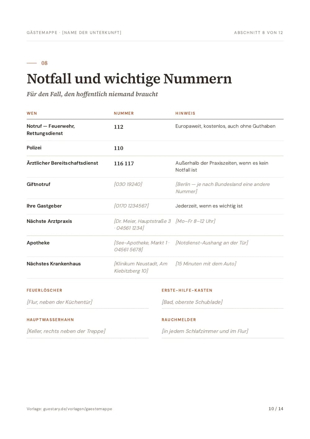 Gästemappe Vorlage, Seite 10: Notfall und wichtige Nummern — Für den Fall, den hoffentlich niemand braucht