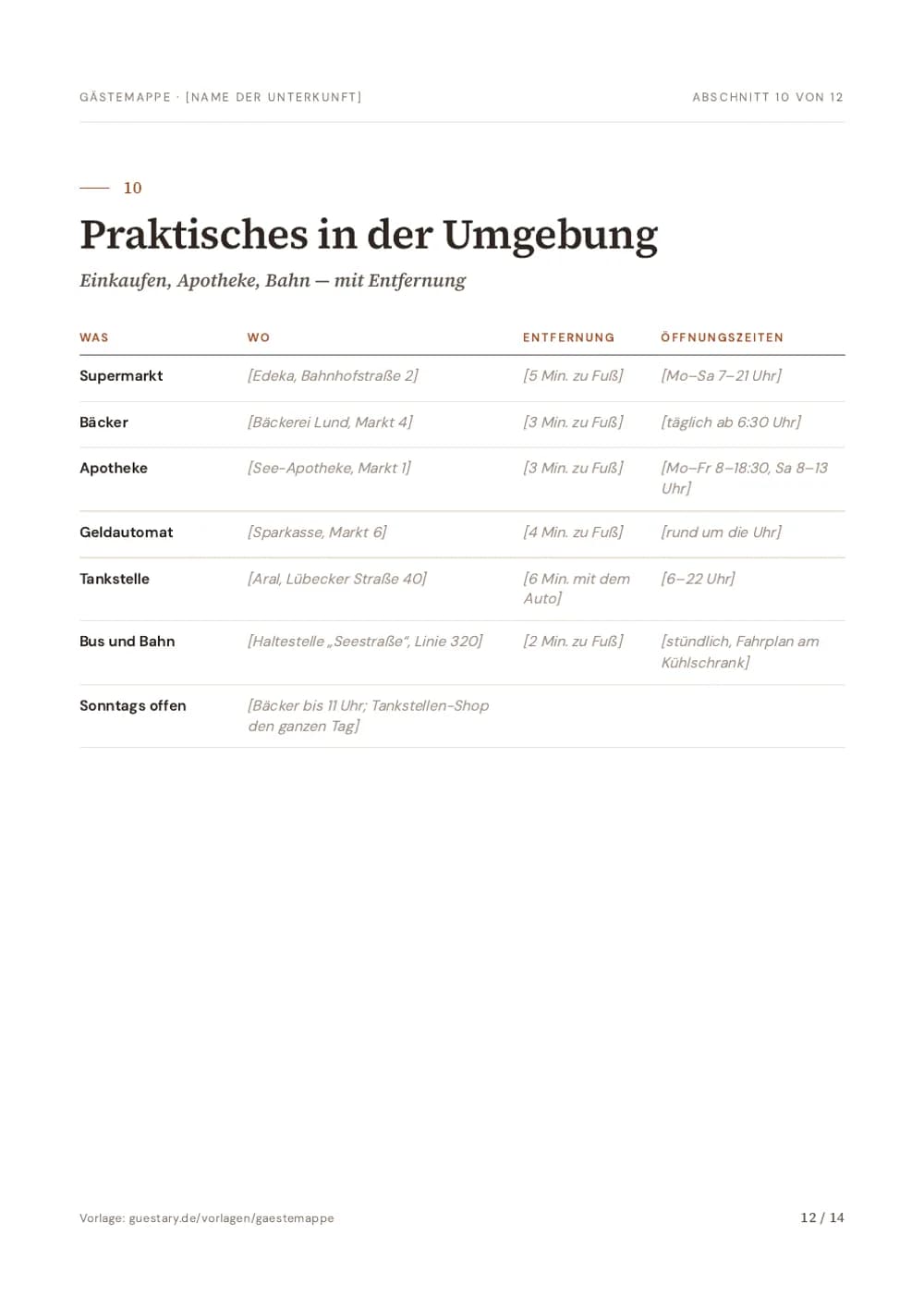Gästemappe Vorlage, Seite 12: Praktisches in der Umgebung — Einkaufen, Apotheke, Bahn — mit Entfernung