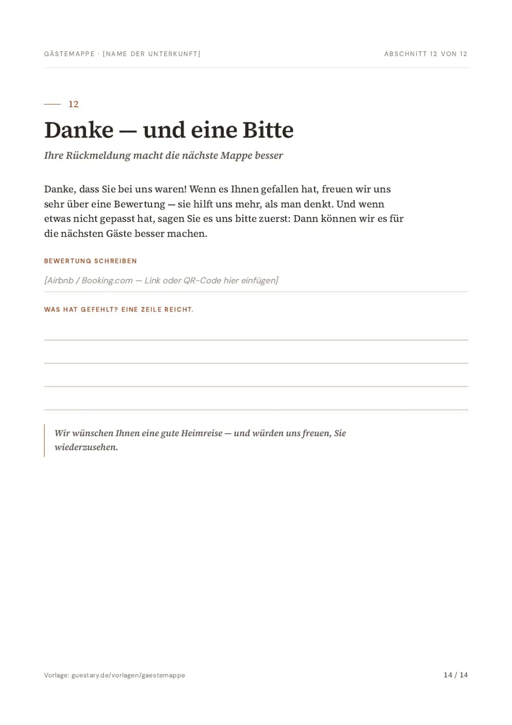 Gästemappe Vorlage, Seite 14: Danke — und eine Bitte — Ihre Rückmeldung macht die nächste Mappe besser