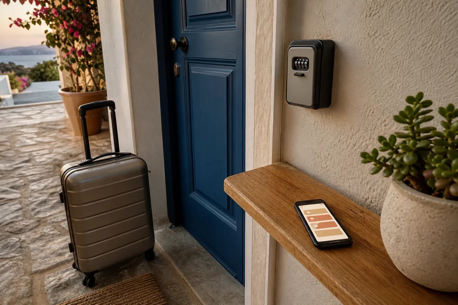 Koffer vor einer blauen Ferienwohnungstür mit Schlüsselbox und Smartphone als redaktionelles Selbst-Check-in-Motiv