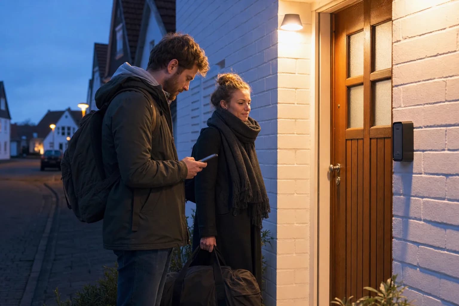 Paar bei der Anreise vor einer Ferienwohnung, Check-in-Anleitung auf dem Smartphone
