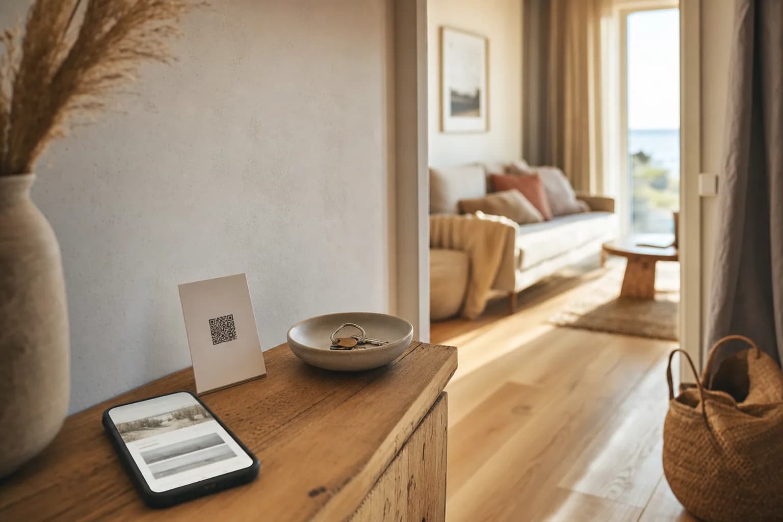 Smartphone mit digitaler Gästemappe, QR-Code und Schlüssel auf einem Sideboard in einer Ferienwohnung