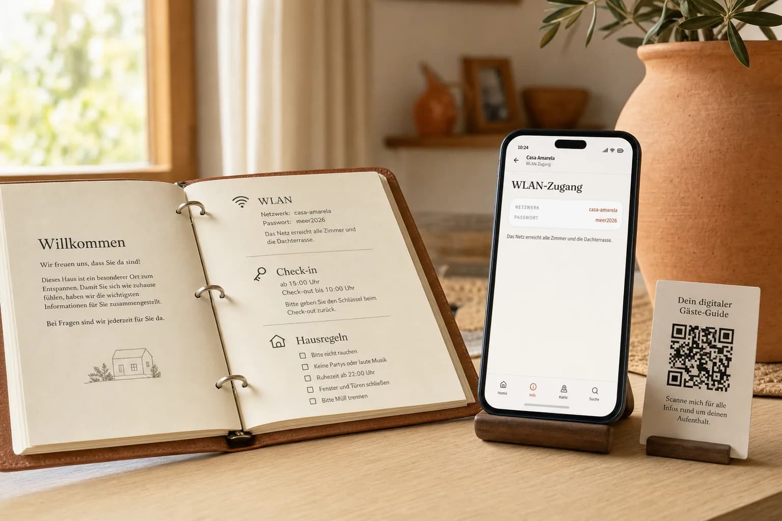 Offener Gästeordner mit Willkommen, WLAN und Hausregeln neben Smartphone mit Guestary-Gästemappe (WLAN-Zugang) und QR-Code-Karte